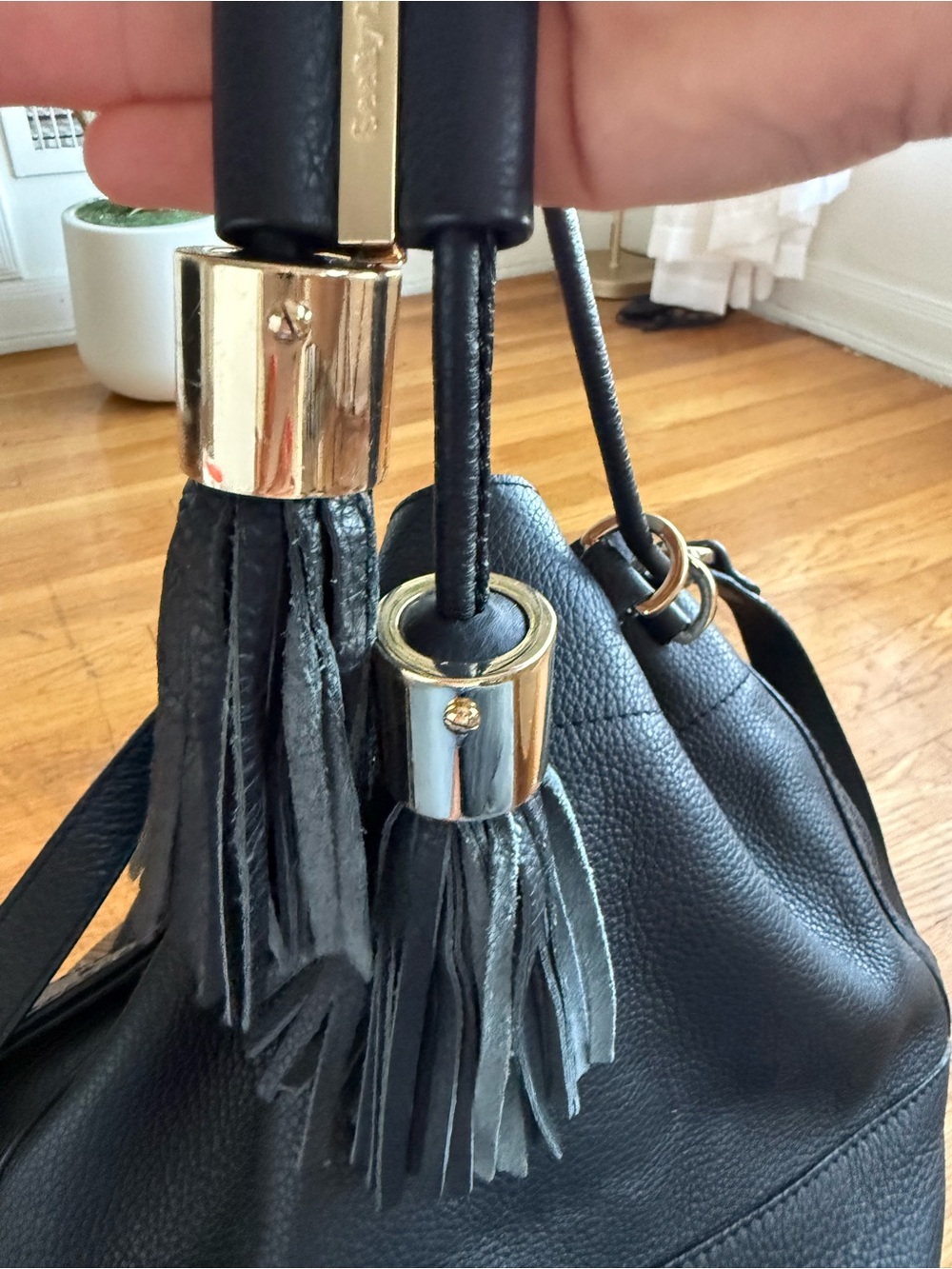 Like New See By Chloe Black Leather Tassel Drawstring Shoulder Bag - Picture 6 of 7